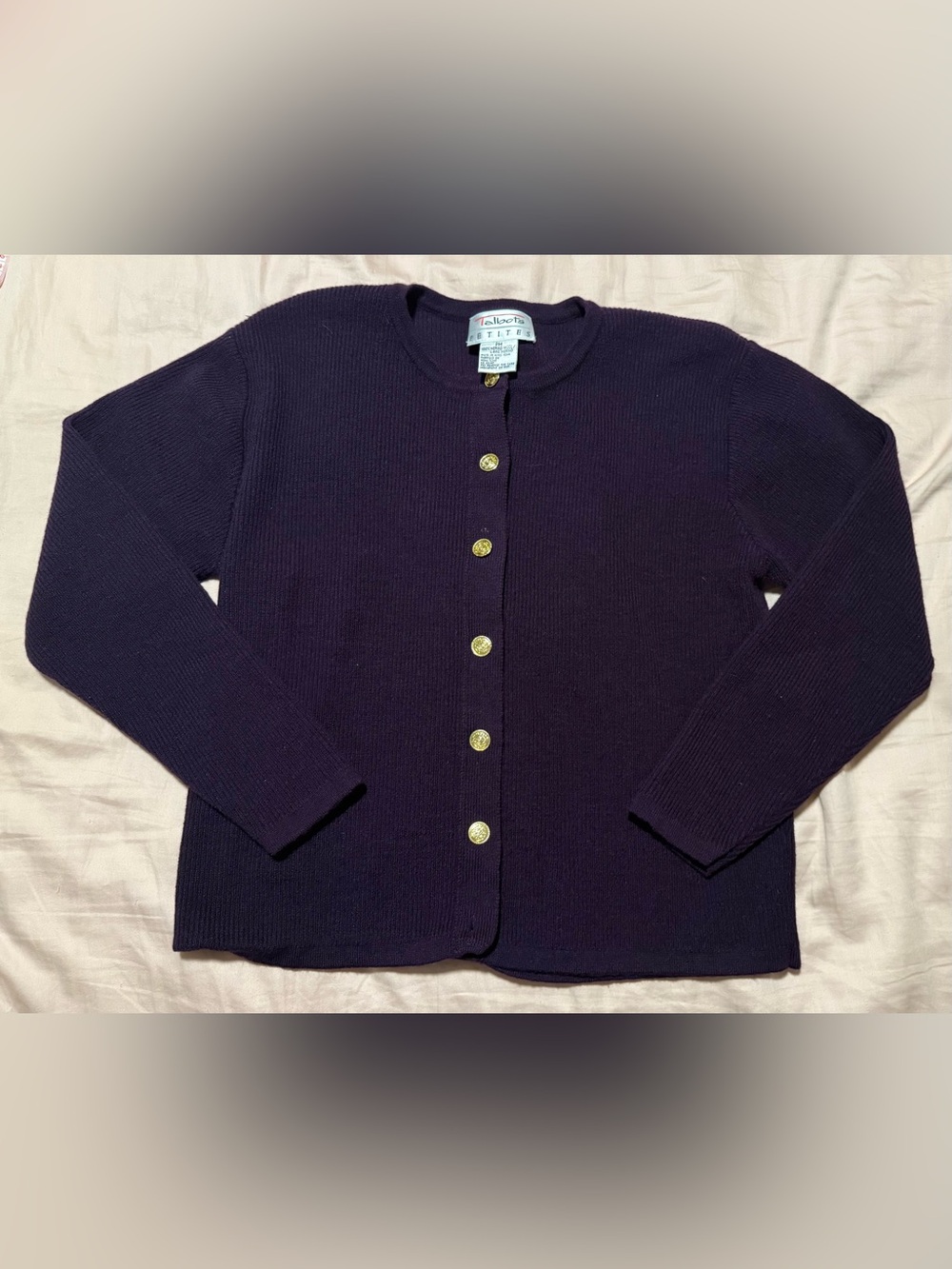 Talbots Petites 100% Merino Wool Cardigan Sweater Purple Gold Button Size PM